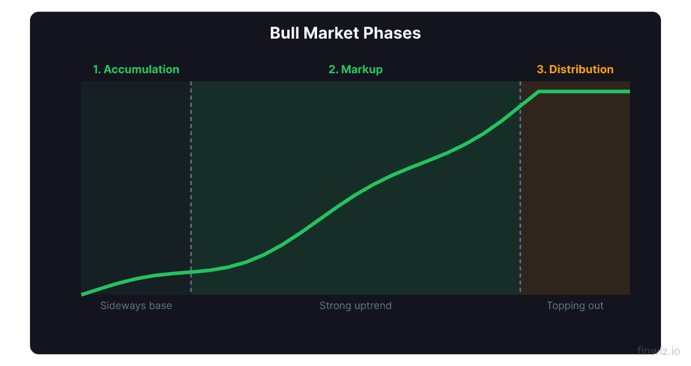 Bull market three phase price curve showing accumulation base then strong markup then distribution topping with phase shading