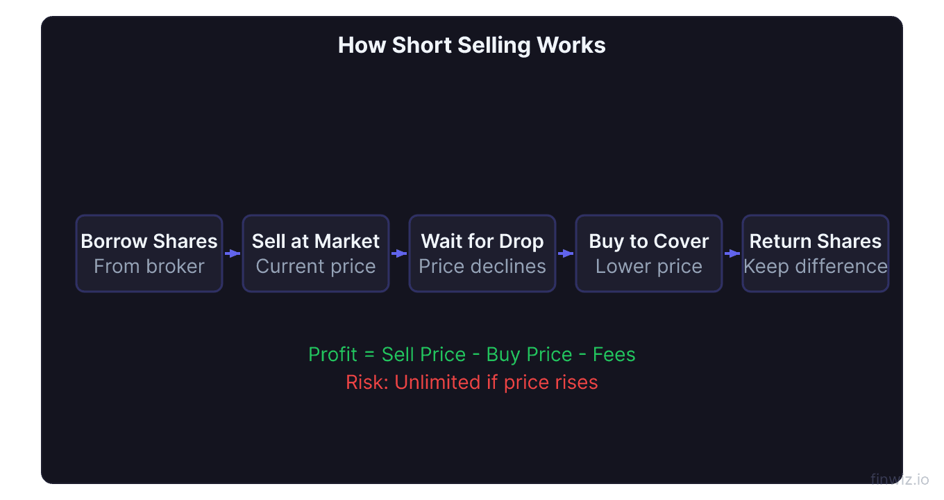 Short selling process borrow shares sell at market price wait for decline buy back return shares pocket difference
