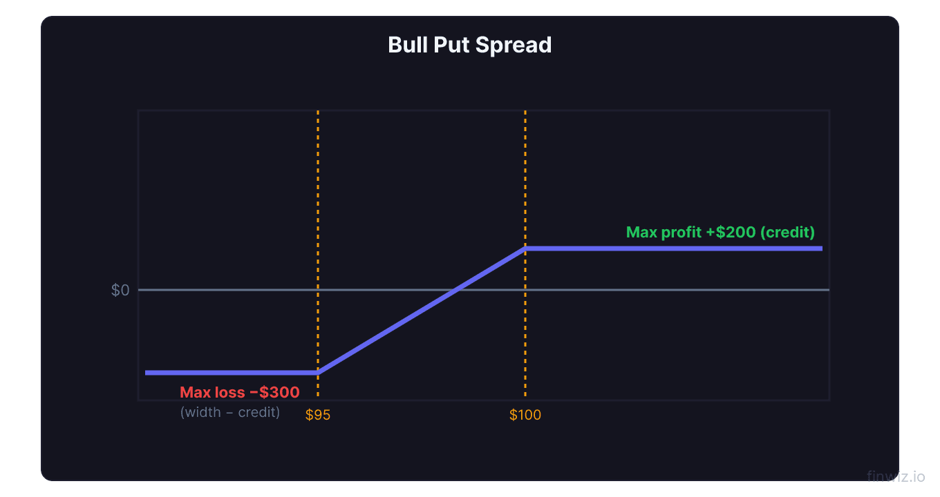 Bull put spread credit spread payoff showing max profit equal to credit received and max loss equal to spread width minus credit