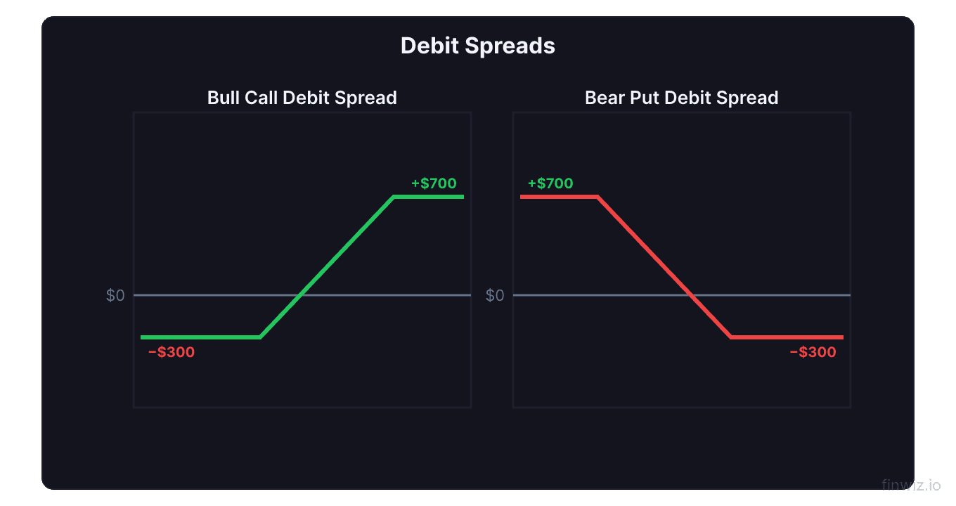 Debit spreads side by side bull call debit spread and bear put debit spread payoff diagrams with max profit and max loss labeled