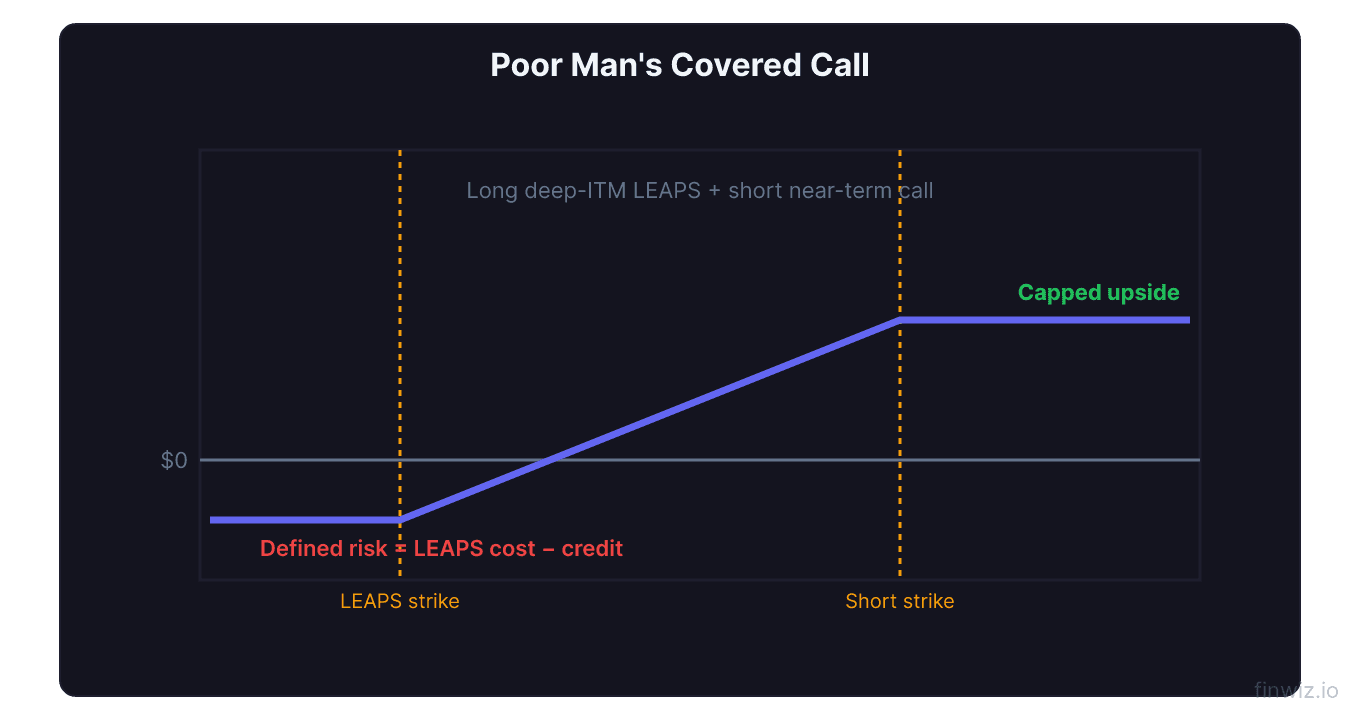 Poor mans covered call payoff with deep ITM LEAPS as stock substitute combined with short near term call capping upside