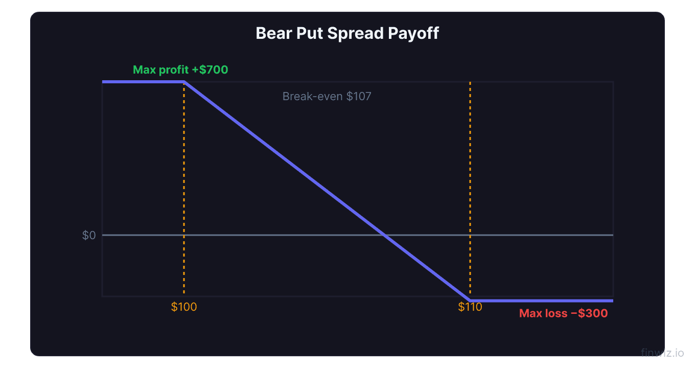 Bear put spread payoff diagram showing maximum profit at lower strike and maximum loss at higher strike with break even labeled