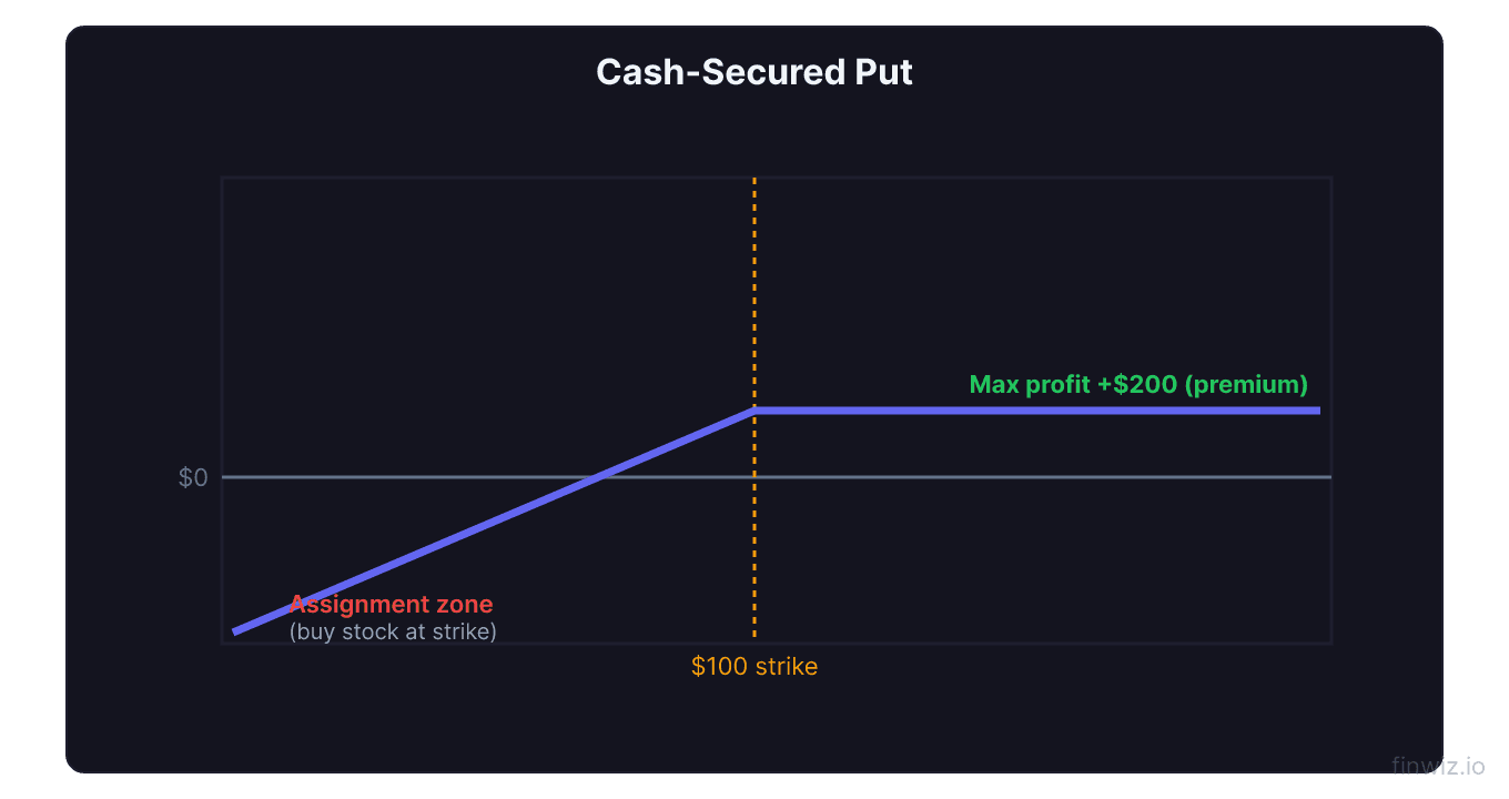 Cash secured put payoff diagram with maximum profit equal to premium received and assignment risk below the strike price
