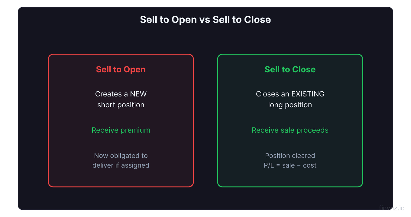 Side by side comparison of sell to open opening a new short position versus sell to close ending an existing long position