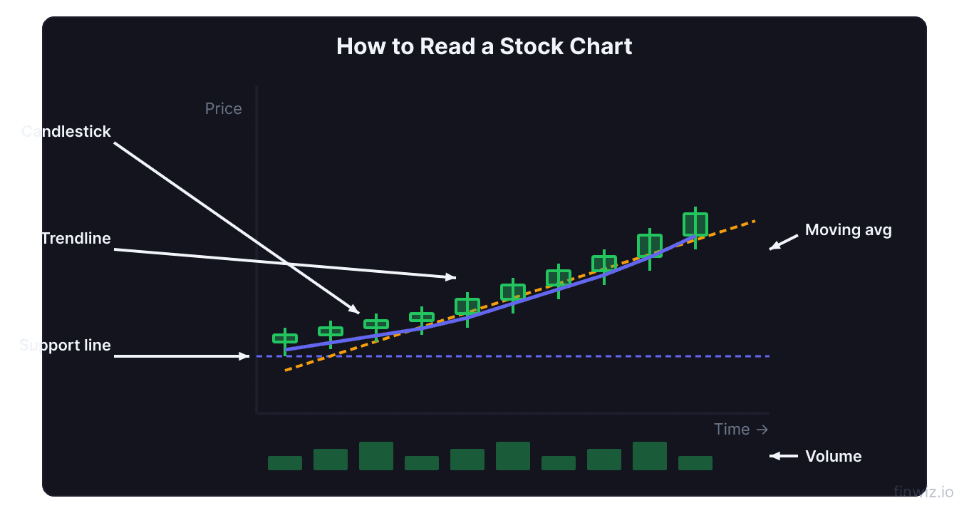 How to read a stock chart visual with labeled candlestick support trendline moving average and volume elements