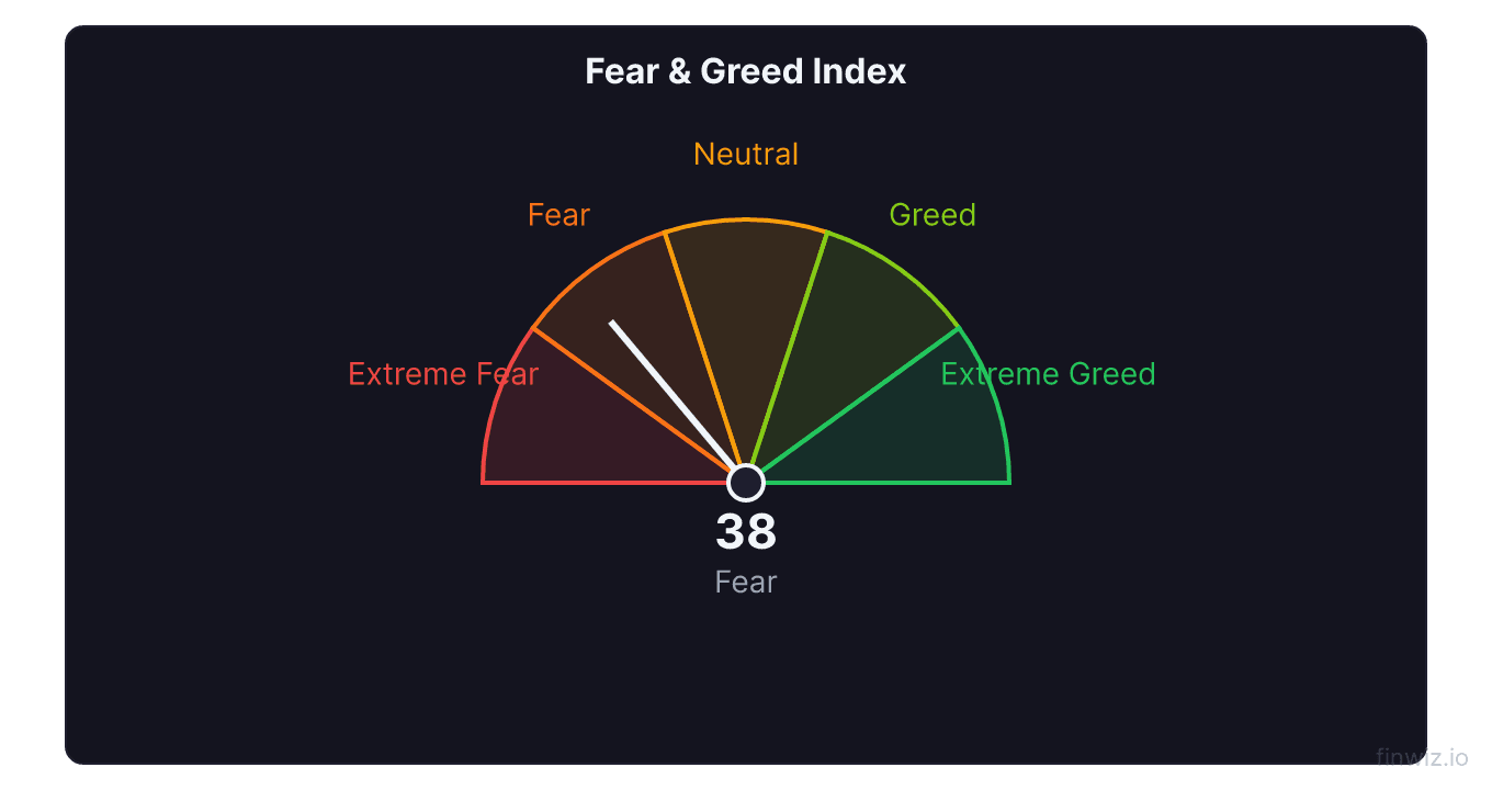 Fear and greed index gauge from 0 extreme fear to 100 extreme greed with zones labeled